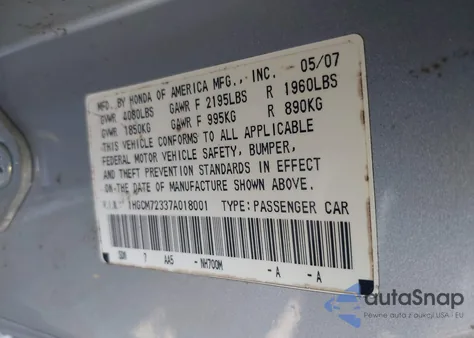 2007 Honda Accord 2.4 Lx из США, поврежденный, VIN 1HGCM72337A018001